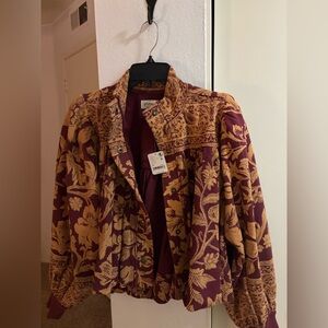 Free People Burgundy and Gold Floral Bomber Jacket